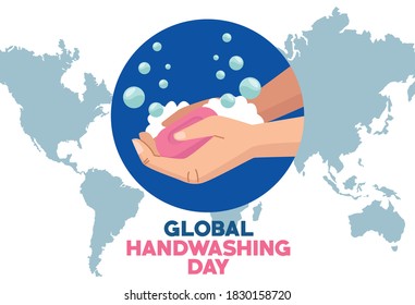 global handwashing day campaign with hands and soap bar in earth planet vector illustration design