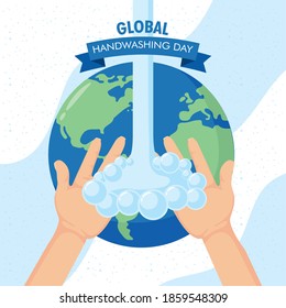 global handwashing day campaign with water and earth planet vector illustration design