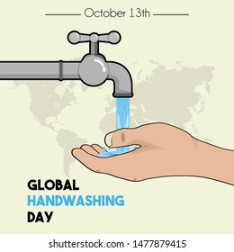 Global Handwashing Day with Left hand cartoon vector, handwashing with water from faucet and world map background