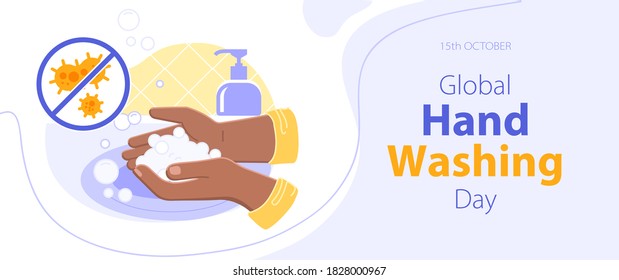 Global handwashing day - October 15th - horizontal banner. Black or brown person washing hands with a soap foam from a dispenser. Everyday hygiene essentials. Coronavirus and infections prevention