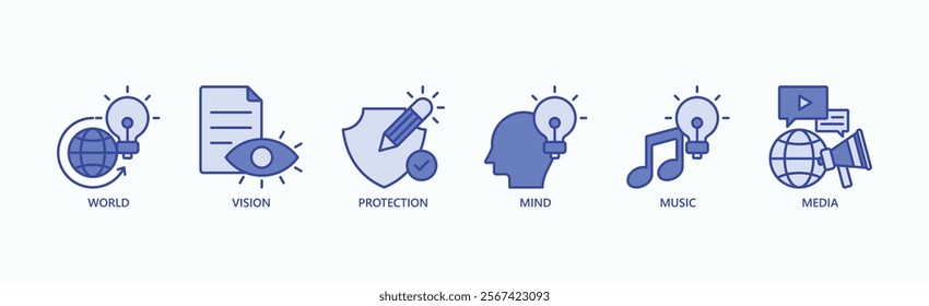 Global Harmony Collective Icon Set Isolated Vector Illustration Concept With Icon Of World, Vision, Protection, Mind, Music, Media In Blue Style