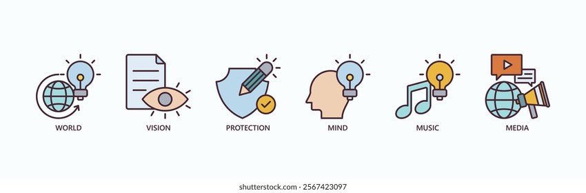 Global Harmony Collective Icon Set Isolated Vector Illustration Concept With Icon Of World, Vision, Protection, Mind, Music, Media In Outline Color Style