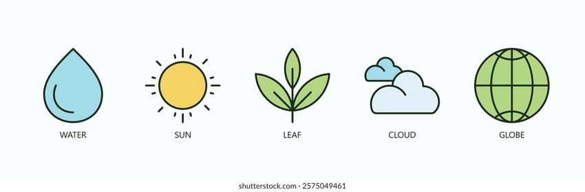 Global Harmony Icon Set Isolated Vector With Icon Of Water, Sun, Leaf, Cloud, Globe In Outline Color Style
