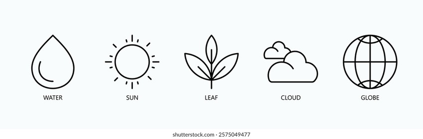 Global Harmony Icon Set Isolated Vector With Icon Of Water, Sun, Leaf, Cloud, Globe In Outline Style