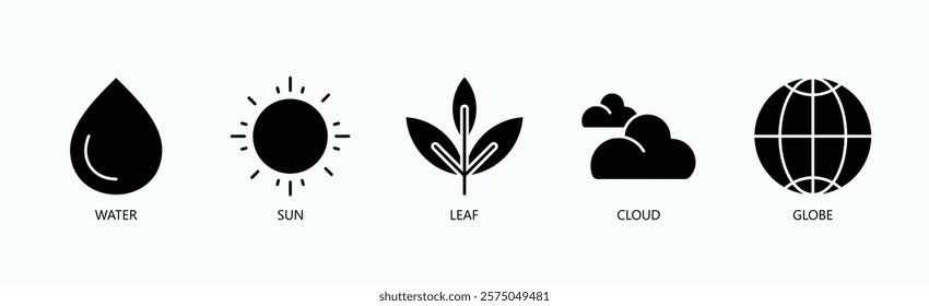 Global Harmony Icon Set Isolated Vector With Icon Of Water, Sun, Leaf, Cloud, Globe In Glyph Style