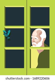 For Global Health - Coronavirus - COVID-19 - elderly man looking through the house window
