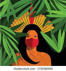 For Global Health - Coronavirus - COVID-19 - indigenous woman with headdress and mask on a forest background