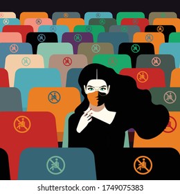 For Global Health - Coronavirus - COVID-19 - woman alone at the cinema with locked seats