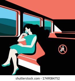 For Global Health - Coronavirus - COVID-19 - woman traveling alone on train with mask