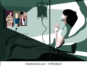 For Global Health - Coronavirus - COVID-19 - woman in hospital bed on video conference with family 