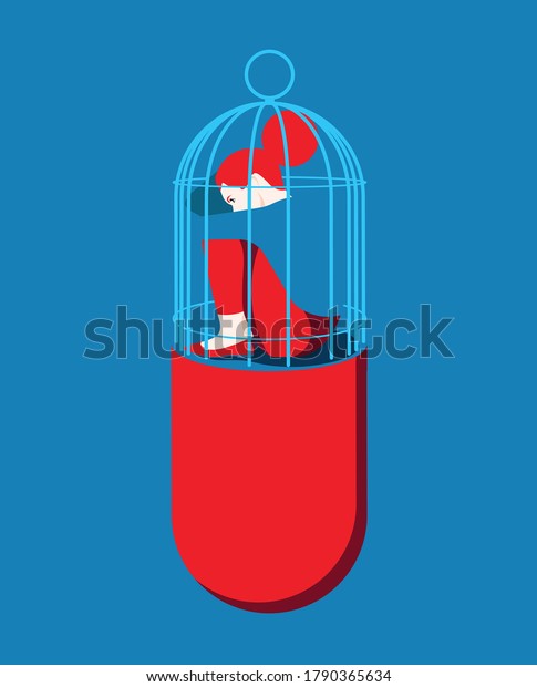 Global\
Health - Drug Abuse - woman trapped in a pill\
cage