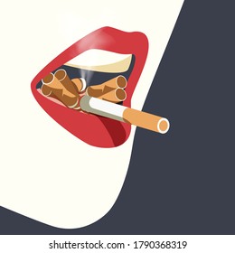 Global Health - Drug Abuse - womens mouth full of cigarette butts like ashtray