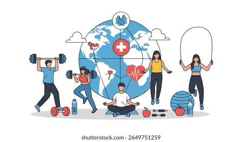 Global health and fitness community embracing healthy lifestyles through exercise and well-being activities worldwide