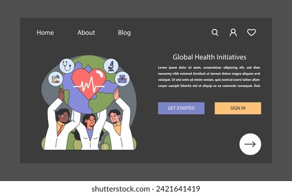 Global Health Initiatives concept. Diverse medical team upholding global wellness with commitment to heart health and medical access across the world. Flat vector illustration.