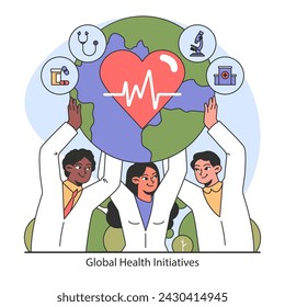 Global Health Initiatives. Diverse medical team upholding global wellness with commitment to heart health and medical access across the world. Flat vector illustration.