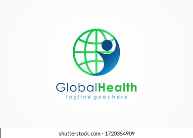 Global Health People Logo. World Globe Icon With People Symbol Combination. Usable For Business, Sport, Technology And Healthcare Medical Logos. Flat Vector Logo Design Template Elements.