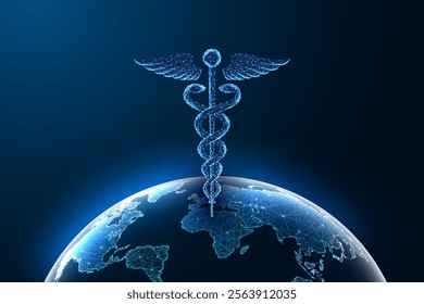 Global healthcare concept with glowing Caduceus symbol above Earth on dark blue background. Innovation, medical technology, health services, worldwide support. Futuristic style vector illustration.