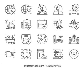 Global Healthcare Line Icon Set. Included Icons As Exercise, Health Check, Healthy Food, Wellness Center, Doctor And More.