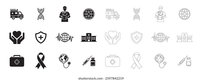 Global Healthcare and Medical Awareness Icons set. World Health Day. Editable minimalist and outline vector icons. Perfect for web and app interfaces, presentations, info graphics, etc. In black color