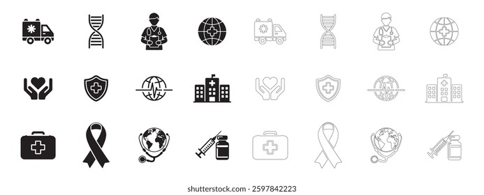 Global Healthcare and Medical Awareness Icons set. World Health Day. Editable minimalist and outline vector icons. Perfect for web and app interfaces, presentations, info graphics, etc. In black color