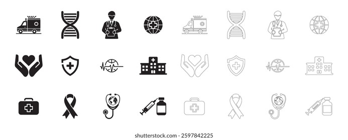 Global Healthcare and Medical Awareness Icons set. World Health Day. Editable minimalist and outline vector icons. Perfect for web and app interfaces, presentations, info graphics, etc. In black color