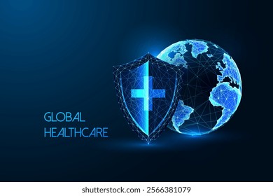 Global healthcare protection concept with glowing shield with cross symbol and Earth on dark blue background. Medical security, health safety, worldwide support. Futuristic style vector illustration.