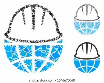 Global helmet composition of abrupt items in variable sizes and color hues, based on global helmet icon. Vector trembly pieces are grouped into collage.