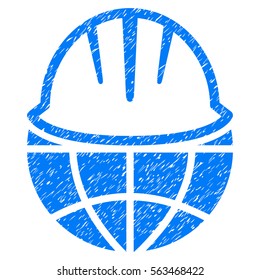 Global Helmet grainy textured icon for overlay watermark stamps. Flat symbol with dust texture. Dotted vector blue ink rubber seal stamp with grunge design on a white background.