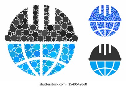 Global helmet mosaic of circle elements in variable sizes and color hues, based on global helmet icon. Vector round elements are combined into blue mosaic.