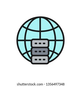 Global hosting server, data centr flat color line icon.