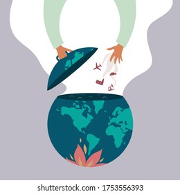 Global hot pot. Global warming and climate change concept: adding planes, automobiles, fabrics and oil pumps makes the globe hot and produce greenhouse effect.