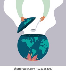 Global hot pot. Global warming and climate change concept: humankind is "tasting" the global hot pot which produces the greenhouse effect using a soup ladle.