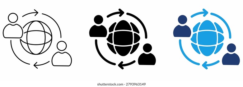 Global HR Outsourcing and Remote Team Icon Set. Featuring Worldwide Recruiting, Teamwork Collaboration, Corporate Network, and Business Communication Icons.