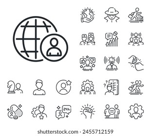 Global human resources sign. Specialist, doctor and job competition outline icons. International business recruitment line icon. International recruitment line sign. Vector