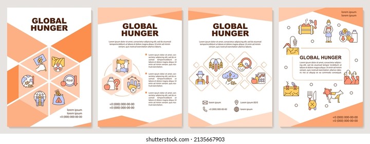 Global hunger brochure template. Food insecurity and starvation. Leaflet design with linear icons. 4 vector layouts for presentation, annual reports. Arial-Black, Myriad Pro-Regular fonts used