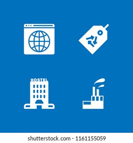 global icon. 4 global set with building, ecology and environment, www and industrial building with contaminants vector icons for web and mobile app