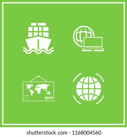 global icon. 4 global vector set. computer connected to the network, world map, cargo ship and worldwide icons for web and design about global theme