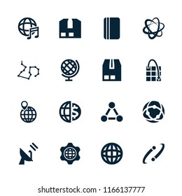 Global icon. collection of 16 global filled icons such as cargo container, network connection, globe, globe in gear, passport. editable global icons for web and mobile.