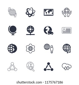 Global icon. collection of 16 global filled and outline icons such as globe, world map, network connection, globe dollar. editable global icons for web and mobile.