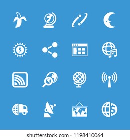 Global icon. collection of 16 global filled icons such as browser window, international delivery, banana, globe, globe search. editable global icons for web and mobile.