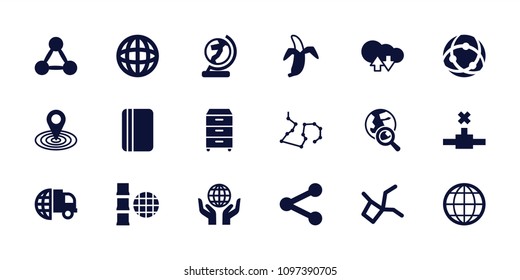 Global icon. collection of 18 global filled icons such as map location, international delivery, banana, network connection, globe. editable global icons for web and mobile.