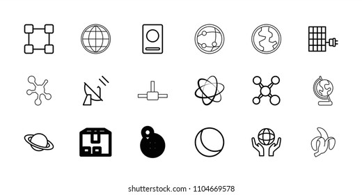 Global icon. collection of 18 global outline icons such as passport, sphere, planet, holding globe, share, network connection. editable global icons for web and mobile.