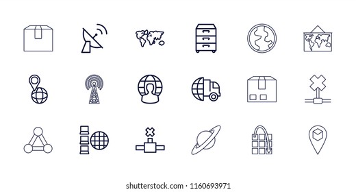 Global icon. collection of 18 global outline icons such as international delivery, world map, pin on globe, network connection. editable global icons for web and mobile.