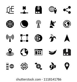 Global icon. collection of 25 global filled icons such as globe, banana, map location, browser window, sphere, banana. editable global icons for web and mobile.