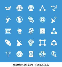 Global icon. collection of 25 global filled icons such as connection, signal tower, satellite, globe, browser window, planet, banana. editable global icons for web and mobile.