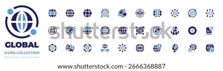 Global icon collection. Bold style. Duotone colors. worldwide, global, web, global shipping, expansion, internet, world, travel, global network, globe.