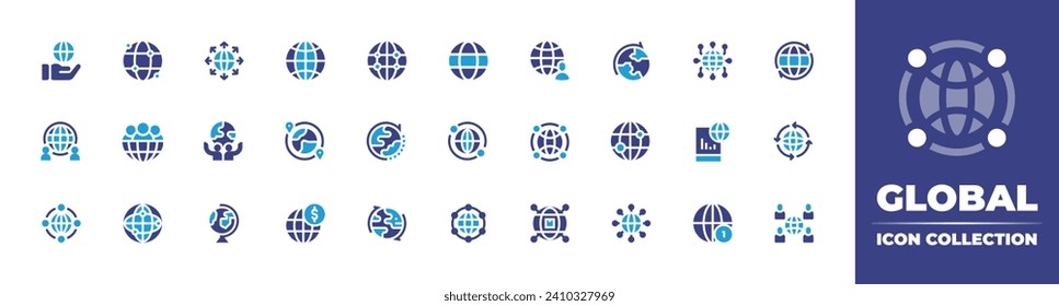 Globale Symbolsammlung. Duotonfarbe. Vektorgrafik und transparente Illustration. Mit weltweit, global, Web, global Versand, Dienstleistungen, Erweiterung, Internet, Welt, Reisen, globales Netzwerk.