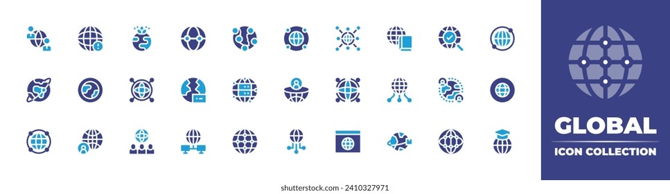 Global icon collection. Duotone color. Vector and transparent illustration. Containing world, global network, book, teamwork, international day of yoga, globalization, earth, global, global server.