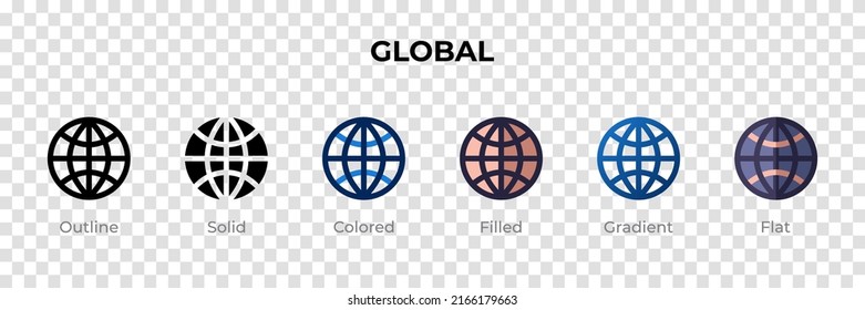 Global icon in different style. Global vector icons designed in outline, solid, colored, filled, gradient, and flat style. Symbol, logo illustration. Vector illustration