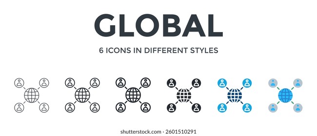 Global Icon In Different Style Vector Illustration. Designed In Thin Line, Regular Line, Bold Line, Glyph, Color Fill, And Flat Style Can Be Used For Web